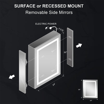 24" x 30" LED Lighted Surface/Recessed Mount Silver Mirrored Medicine Cabinet with Outlet Right Side