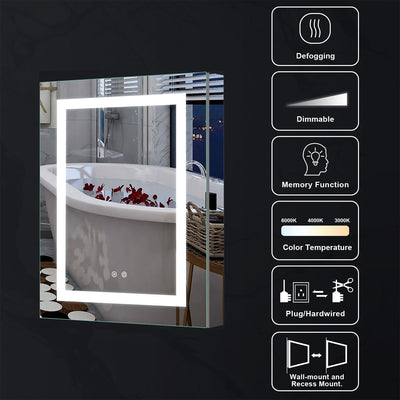 24" x 30" LED Lighted Surface/Recessed Mount Silver Mirrored Medicine Cabinet with Outlet Right Side