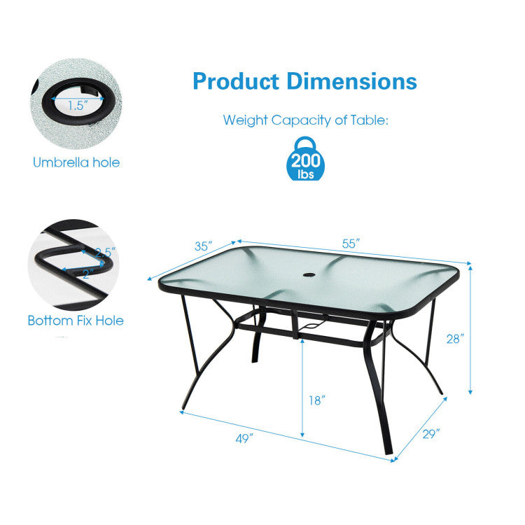 55 x 35 Inch Patio Dining Rectangle Tempered Glass Table with Umbrella Hole