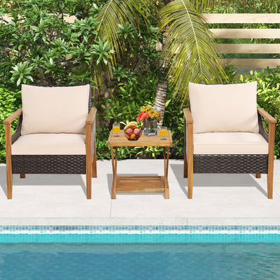 3 Pieces Patio Wicker Furniture Set with 2-Tier Side Table and Cushioned Armchairs