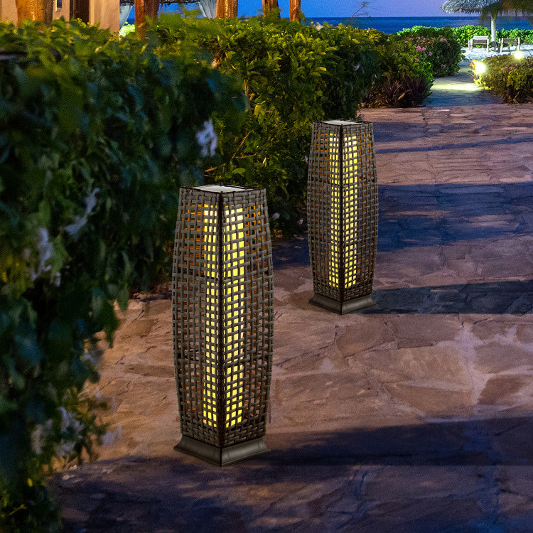 2 Pieces Solar-Powered Square Wicker Floor Lamps with Auto LED Light