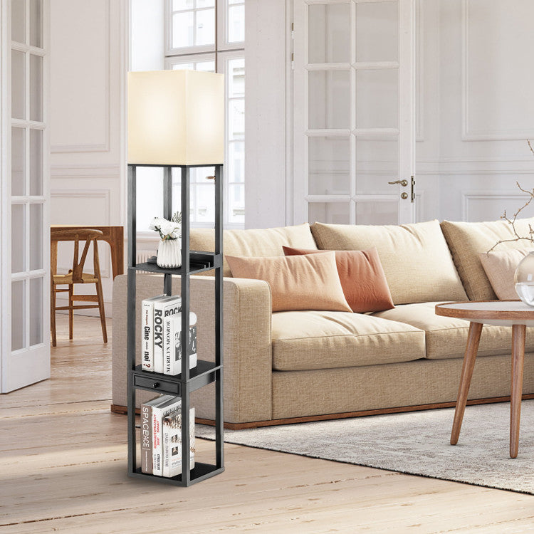 63 Inch Modern Shelf Floor Lamp with Power Outlet and USB Port