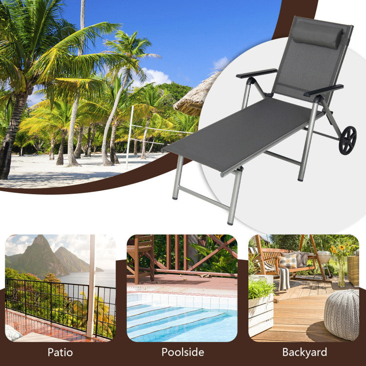 Adjustable Patio Folding Chaise Lounge Chair with Wheels