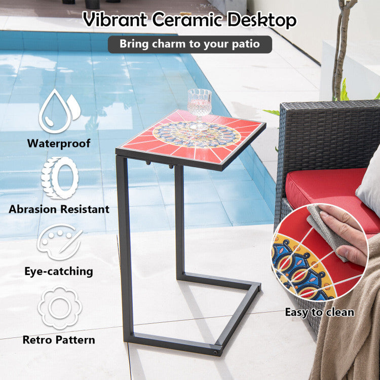 C-shaped Waterproof Outdoor Side End Table with Ceramic Top