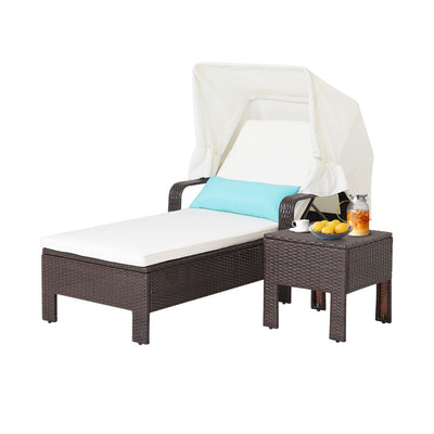 Outdoor Chaise Lounge Chair and Table Set with Folding Canopy and Armrests