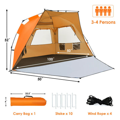3-4 Person Easy Pop-Up Beach Tent UPF 50+ Portable Sun Shelter--Orange