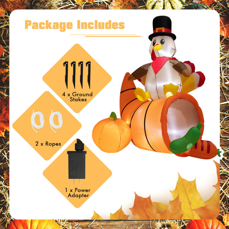 6 Feet Thanksgiving Inflatable Turkey on Cornucopia Harvest Autumn Decor with Light