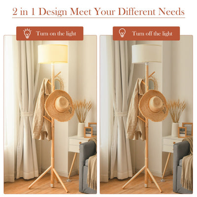 Multifunctional Wood Floor Light with 6 Hooks and E26 Lamp Holder