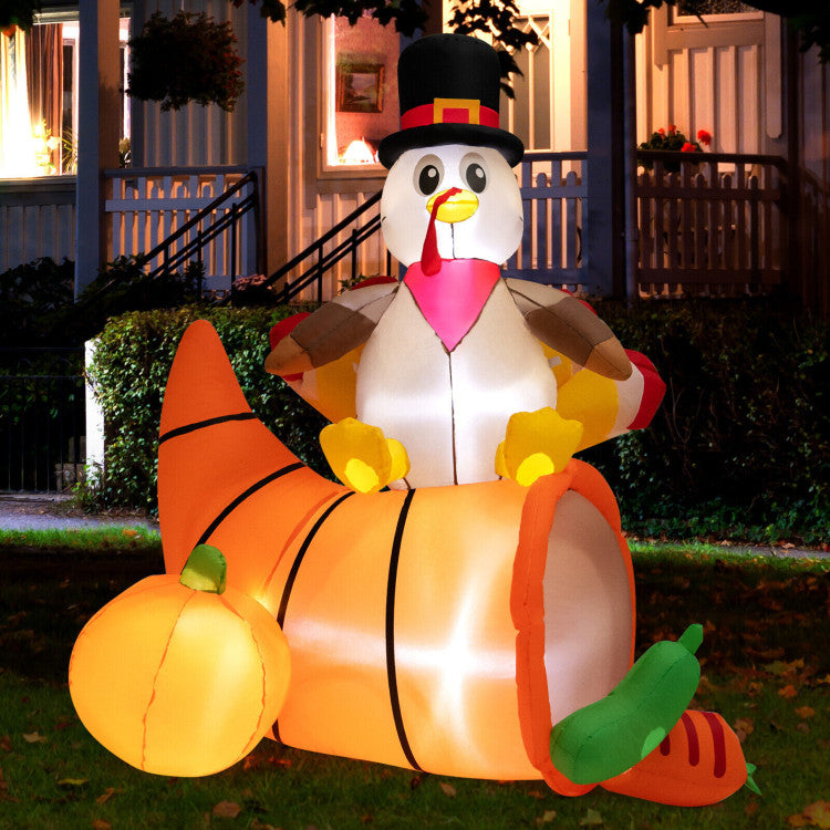 6 Feet Thanksgiving Inflatable Turkey on Cornucopia Harvest Autumn Decor with Light