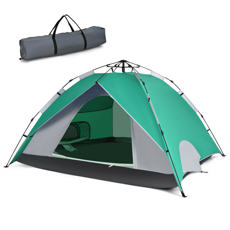 2-in-1 4 Person Instant Pop-up Waterproof Camping Tent--Green