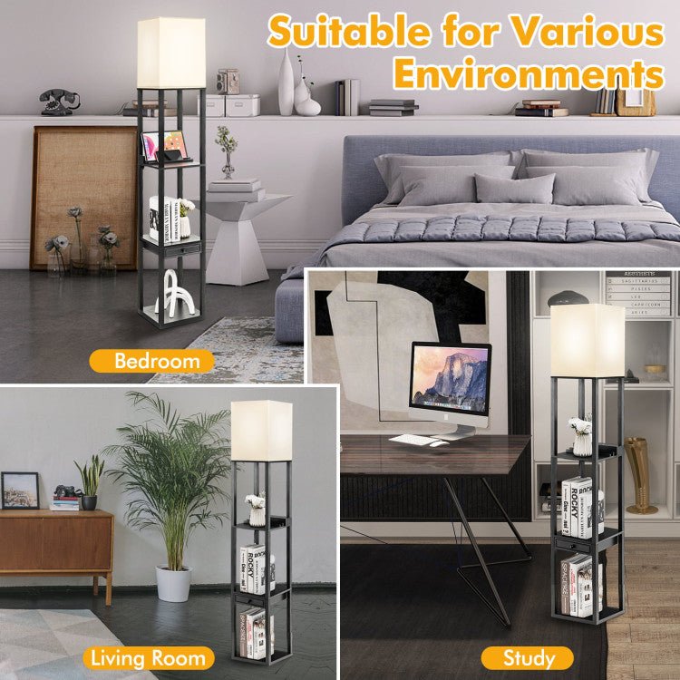 63 Inch Modern Shelf Floor Lamp with Power Outlet and USB Port