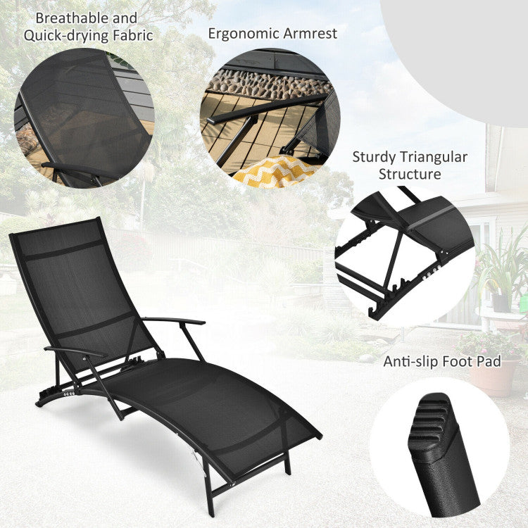 2 Pieces Patio Folding Stackable Lounge Chair Chaise with Armrest