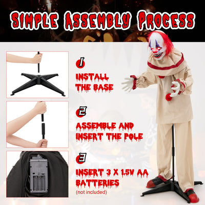 5 FT Grins Animatronic Killer Clown Halloween Decoration with Glowing Red Eyes