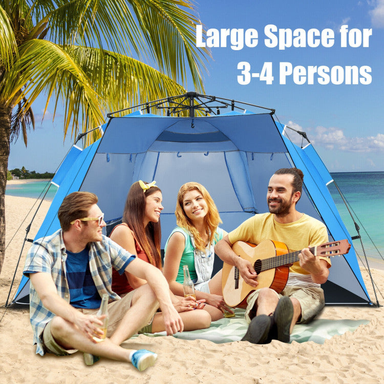 3-4 Person Easy Pop-Up Beach Tent UPF 50+ Portable Sun Shelter--Blue