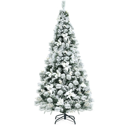 5'/ 6'/ 7'/ 8' Snow Flocked Hinged Christmas Tree with Berries and Poinsettia Flowers