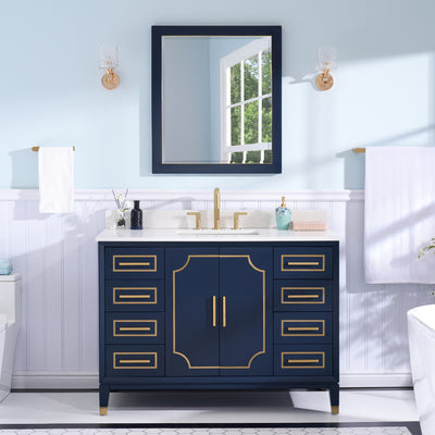 48 in. W x 22 in. D x 35 in. H Freestanding Bathroom Vanity in Navy Blue with Carrara White Quartz Vanity Top