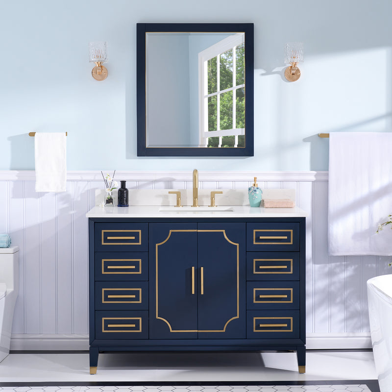 48 in. W x 22 in. D x 35 in. H Freestanding Bathroom Vanity in Navy Blue with Carrara White Quartz Vanity Top