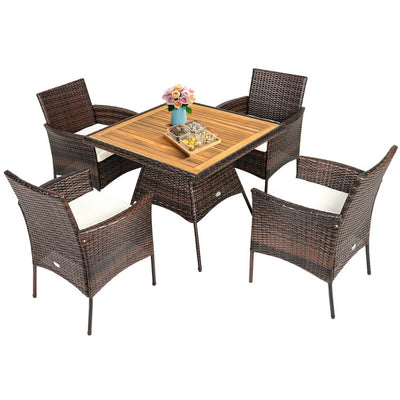 5 Pieces Acacia Wood Tabletop Wicker Patio Dining Set with 4 Armrest Chairs