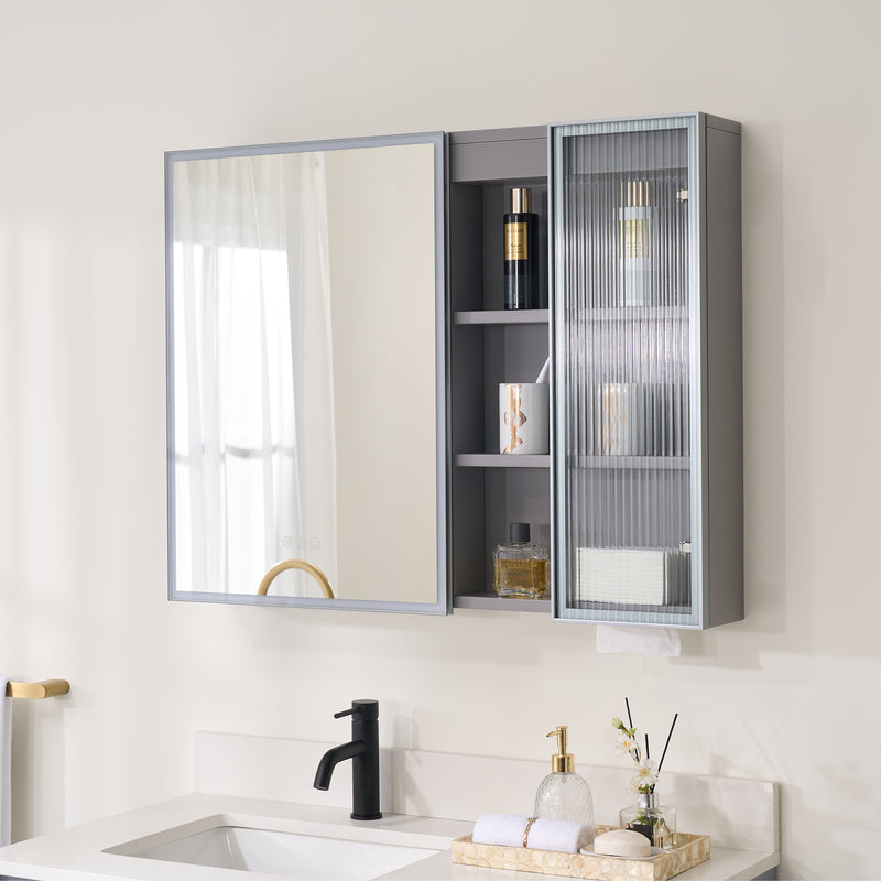 36 in. W x 28 in. H Rectangular Surface Mount LED Mirror Medicine Cabinet in Gray
