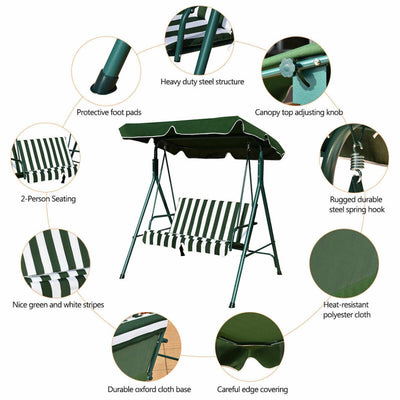 2 Person Weather Resistant Canopy Swing for Porch Garden Backyard Lawn Green