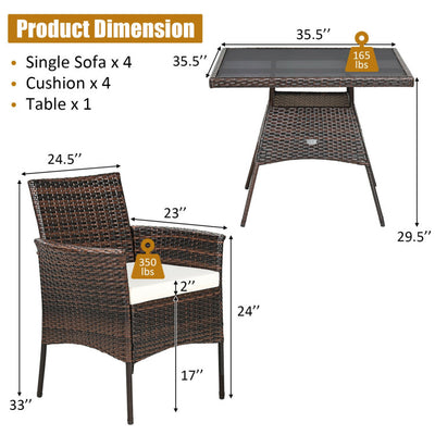 5 Pieces Tempered Glass Tabletop Wicker Patio Dining Set with 4 Armrest Chairs