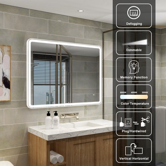 48 x 36 inch LED Bathroom Mirror, Wall Mounted Bathroom Vanity Framed Mirror with Dimmer, IP54 Enhanced Anti-Fog