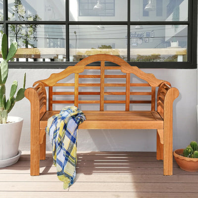 49 Inch Eucalyptus Wood Outdoor Folding Bench with Backrest Armrest for Patio Garden