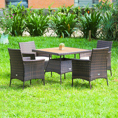 5 Pieces Acacia Wood Tabletop Wicker Patio Dining Set with 4 Armrest Chairs