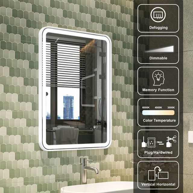24 x 32 inch LED Bathroom Mirror, Wall Mounted Bathroom Vanity Framed Mirror with Dimmer, IP54 Enhanced Anti-Fog