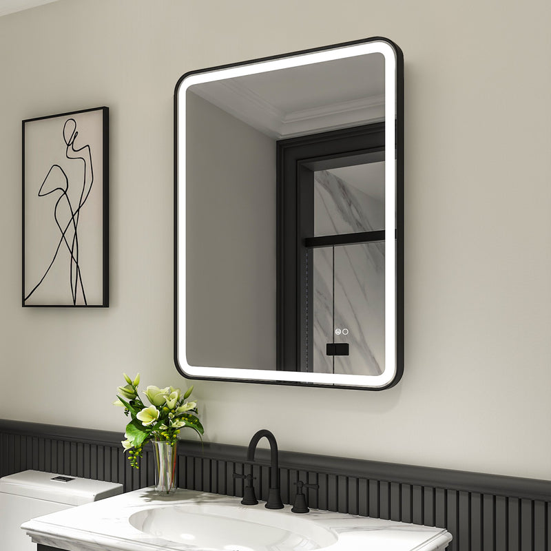28 x 36 inch LED Bathroom Mirror, Wall Mounted Bathroom Vanity Framed Mirror with Dimmer, IP54 Enhanced Anti-Fog