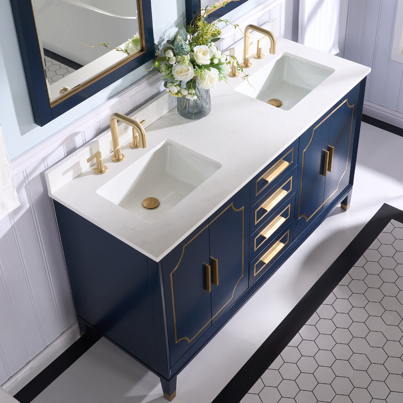 60 in. W x 22 in. D x 35 in. H Freestanding Bathroom Vanity in Navy Blue with Carrara White Quartz Vanity Top