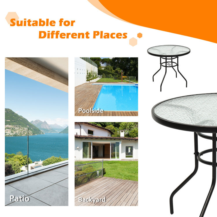 32 Inch Patio Tempered Glass Steel Frame Round Table with Convenient Umbrella Hole