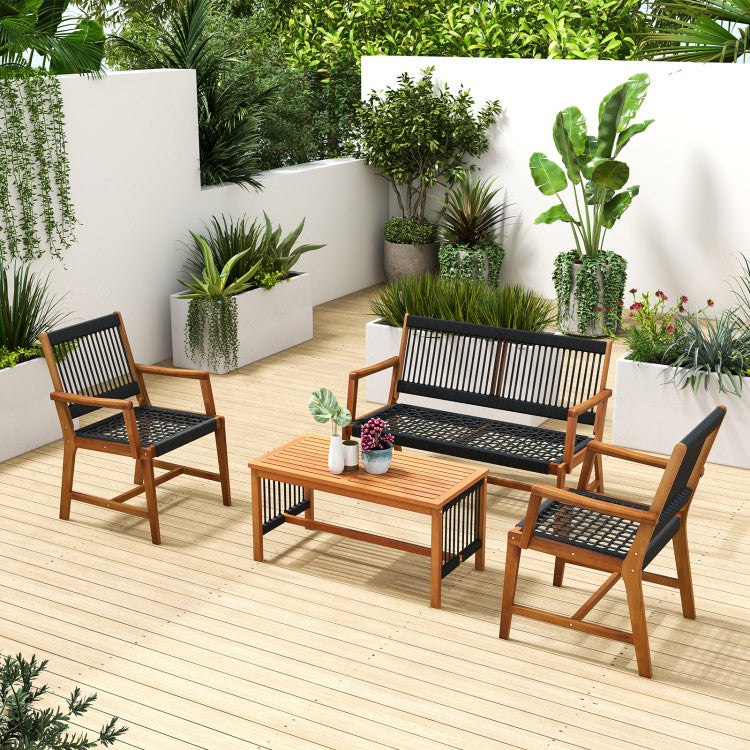 4 Pieces Acacia Wood Patio Conversation Table and Chair Set with Hand Woven Rope