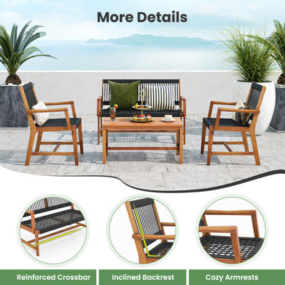 4 Pieces Acacia Wood Patio Conversation Table and Chair Set with Hand Woven Rope