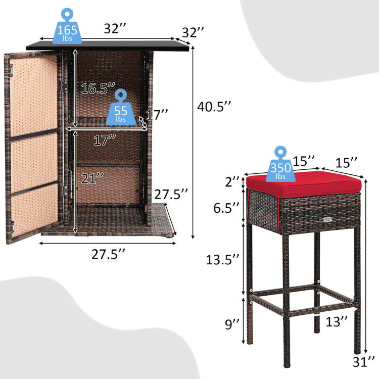 5 Pieces Patio Rattan Cushioned Bar Furniture Set with Hidden Storage Shelf