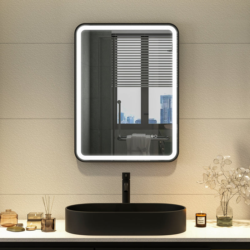 24 x 32 inch LED Bathroom Mirror, Wall Mounted Bathroom Vanity Framed Mirror with Dimmer, Anti-Fog