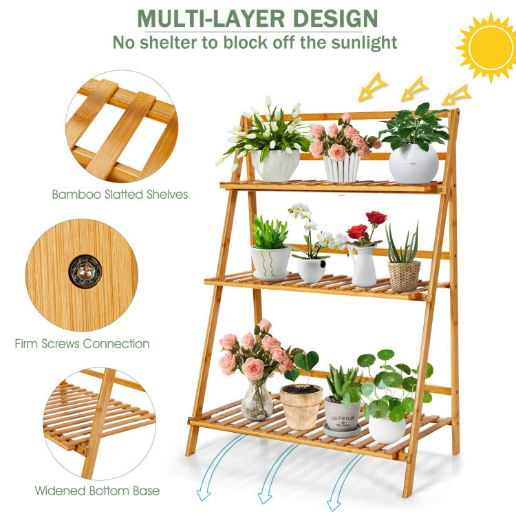 3-Tier Bamboo Foldable Plant Stand with Display Shelf Rack
