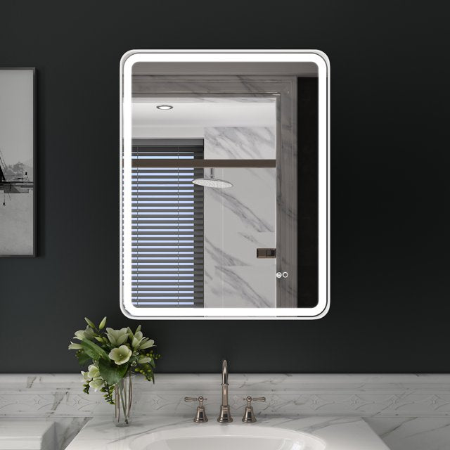 28 x 36 inch LED Bathroom Mirror, Wall Mounted Bathroom Vanity Framed Mirror with Dimmer, Anti-Fog