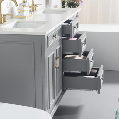 72 inch Navy Blue Freestanding Solid Wood Bathroom Vanity Storage Organizer with Carrara White Quartz Countertop