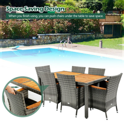 7 Pieces Patio Acacia Wood Cushioned PE Rattan Wicker Dining Set