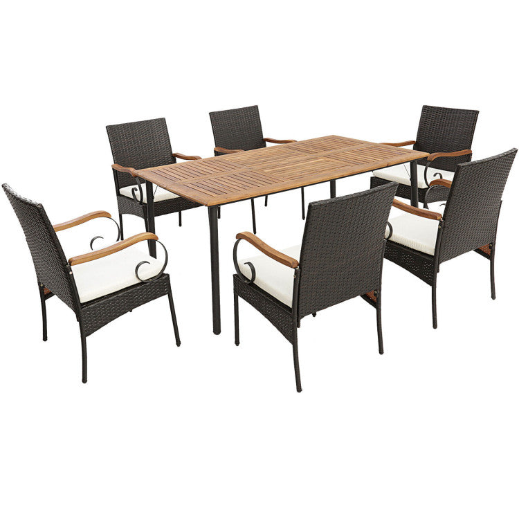 7 Pieces Patio Wicker Dining Set with Detachable Cushion and Umbrella Hole