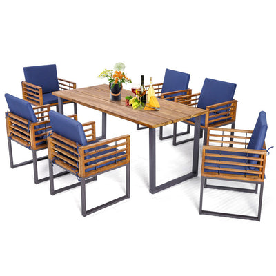 7 Pieces Patio Acacia Wood Dining Chair and Table Set for Backyard and Poolside