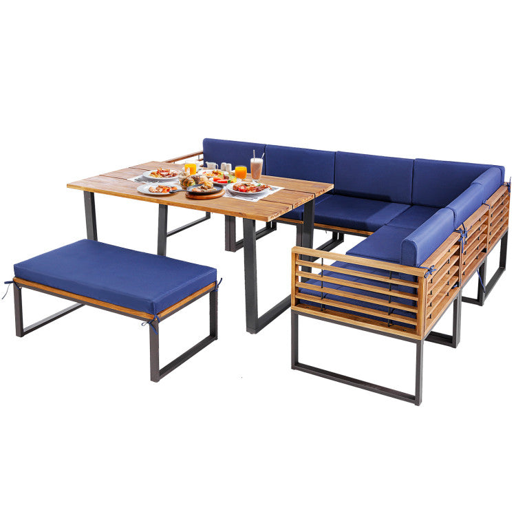 8 Pieces Patio Acacia Wood Dining Table Set with Ottoman Cushions