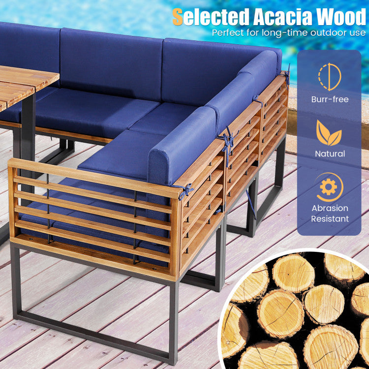 8 Pieces Patio Acacia Wood Dining Table Set with Ottoman Cushions