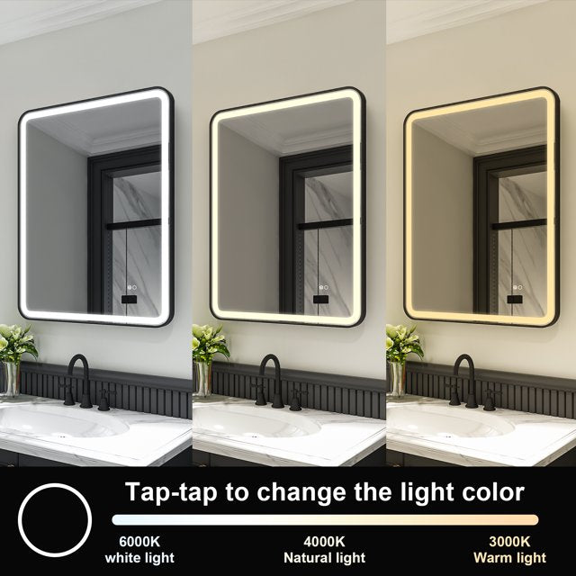 28 x 36 inch LED Bathroom Mirror, Wall Mounted Bathroom Vanity Framed Mirror with Dimmer, IP54 Enhanced Anti-Fog