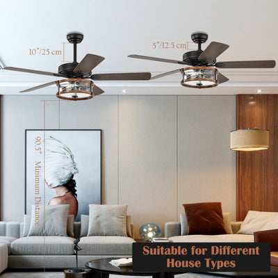 52 Inch Retro Ceiling Fan Lamp with Glass Shade Reversible Blade Remote Control