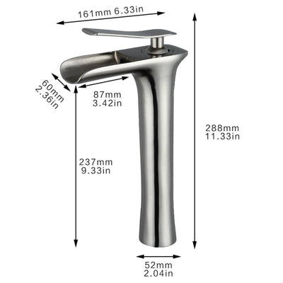 Single Handle Single Hole Bathroom Faucet in Brushed Nickel with Waterfall Spout