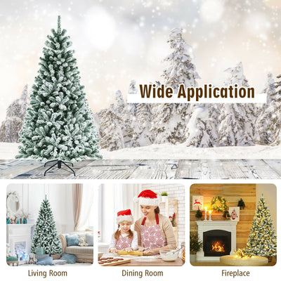 6'/ 7' /8' Pre-lit Snow Flocked Hinged Christmas Tree with Metal Stand