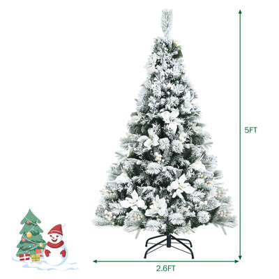 5'/ 6'/ 7'/ 8' Snow Flocked Hinged Christmas Tree with Berries and Poinsettia Flowers