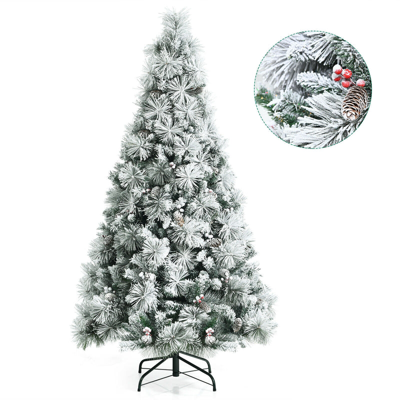 6ft Snow Flocked Christmas Tree with Pine Cone and Red Berries